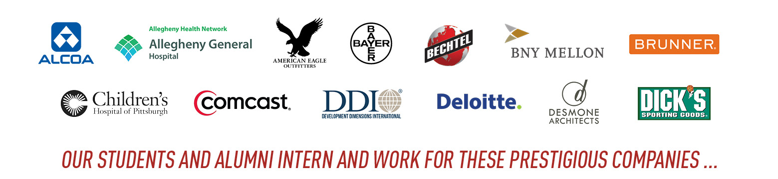 Image of various employer logos for companies in which La Roche University students and alumni have worked or interned.